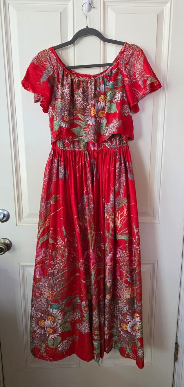 Vintage 80s Rona New York Floral Maxi Dress Red  Boho cottagecore size small